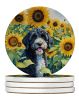 Portuguese Water Dog in Sunflowers Large Sandstone Coasters Pack of 4 Absorbent Round Coasters Decor Gifts for Men or Women, 4 in, Multicolor