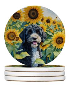 Portuguese Water Dog in Sunflowers Large Sandstone Coasters Pack of 4 Absorbent Round Coasters Decor Gifts for Men or Women, 4 in, Multicolor