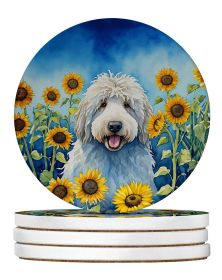 Komondor in Sunflowers Large Sandstone Coasters Pack of 4 Absorbent Round Coasters Decor Gifts for Men or Women, 4 in, Multicolor