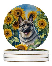 Norwegian Elkhound in Sunflowers Large Sandstone Coasters Pack of 4 Absorbent Round Coasters Decor Gifts for Men or Women, 4 in, Multicolor